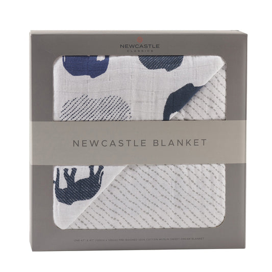 Blue Elephant and Spotted Wave Cotton Muslin Newcastle Blanket-0