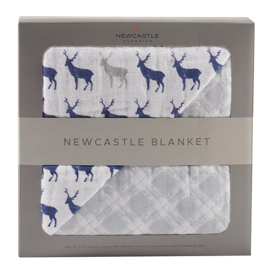 Blue Deer and Glacier Grey Plaid Cotton Muslin Newcastle Blanket-0