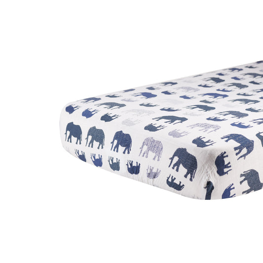 Blue Elephant Cotton Muslin Crib Sheet-0